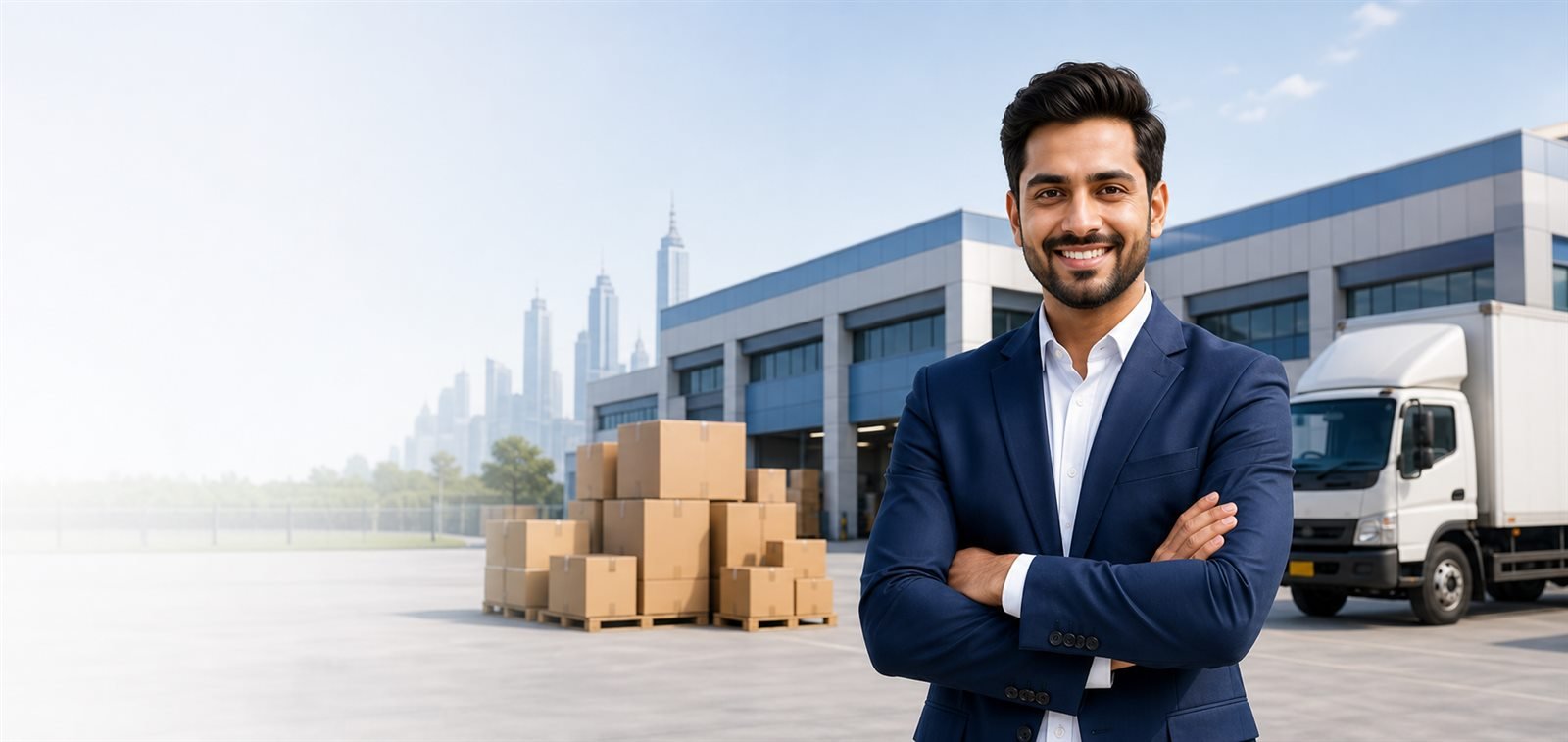 Business owner in front of a modern logistics facility
