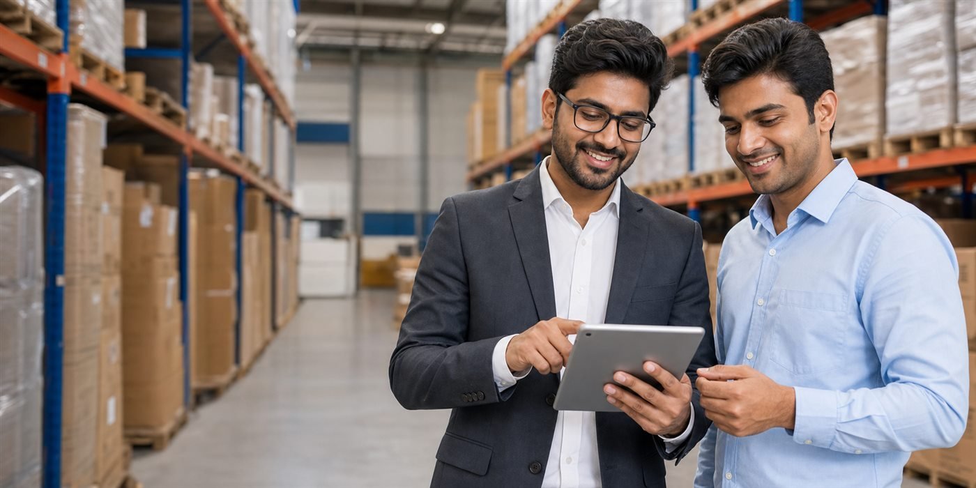 Business owners planning warehouse operations on a tablet
