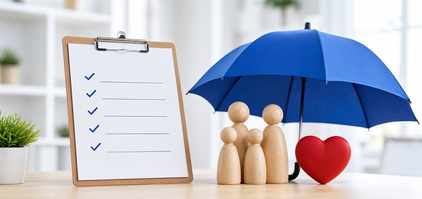 Insurance checklist with family figures protected by an umbrella