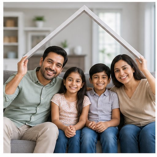 Family protected beneath a house roof